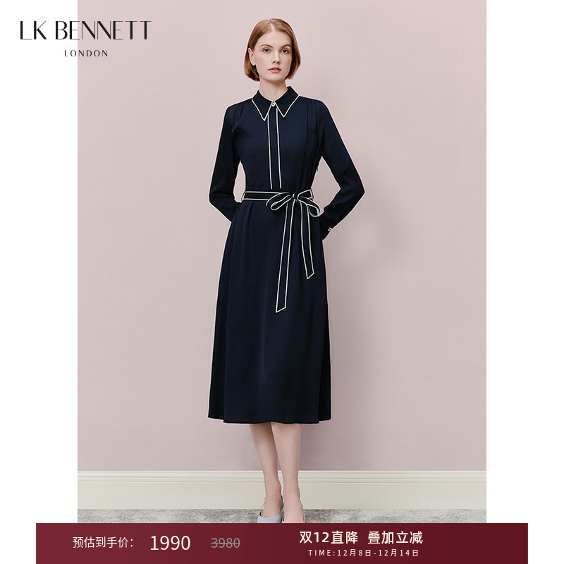 lkbennett藏青色撞色连衣裙女2025年春收腰系带气质衬衫领长裙