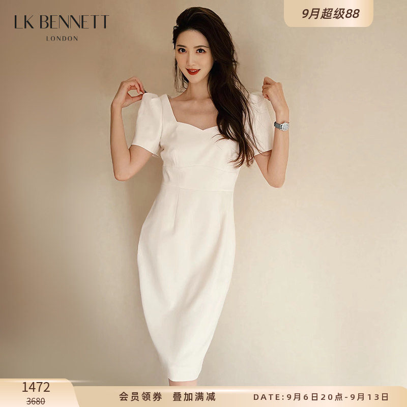 【明星同款】LK BENNETT白色连衣裙子女春夏短袖气质修身订婚礼服