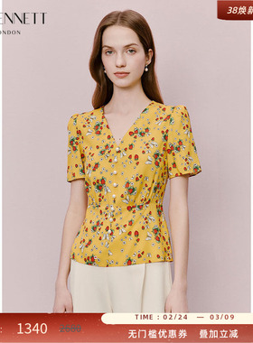 LK BENNETT黄色印花上衣2025年夏新款v领短袖法式泡泡袖优雅衬衫