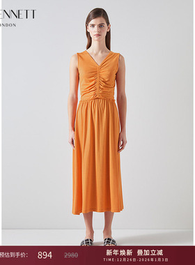 lkbennett橙色无袖v领连衣裙女新款褶皱设计感度假风吊带裙