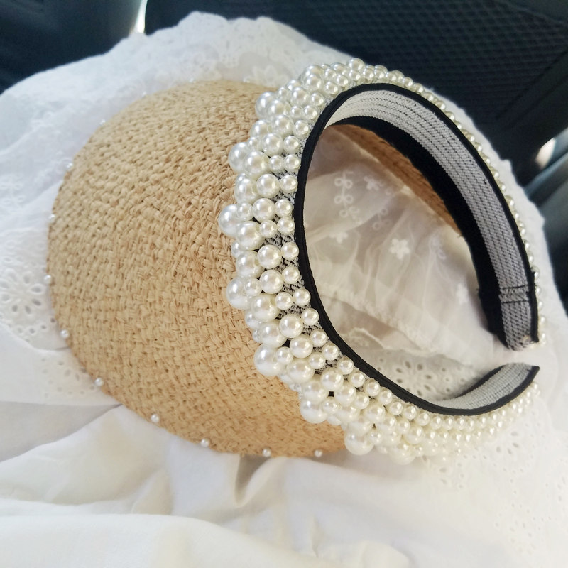 网红同款纯手工缝制小香风珍珠帽子拉菲草空顶帽鸭舌发箍帽遮阳帽