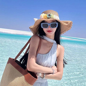 新款 花朵草帽女款 度假拍照夏大帽檐海边度假帽子蕾丝田园风遮阳帽