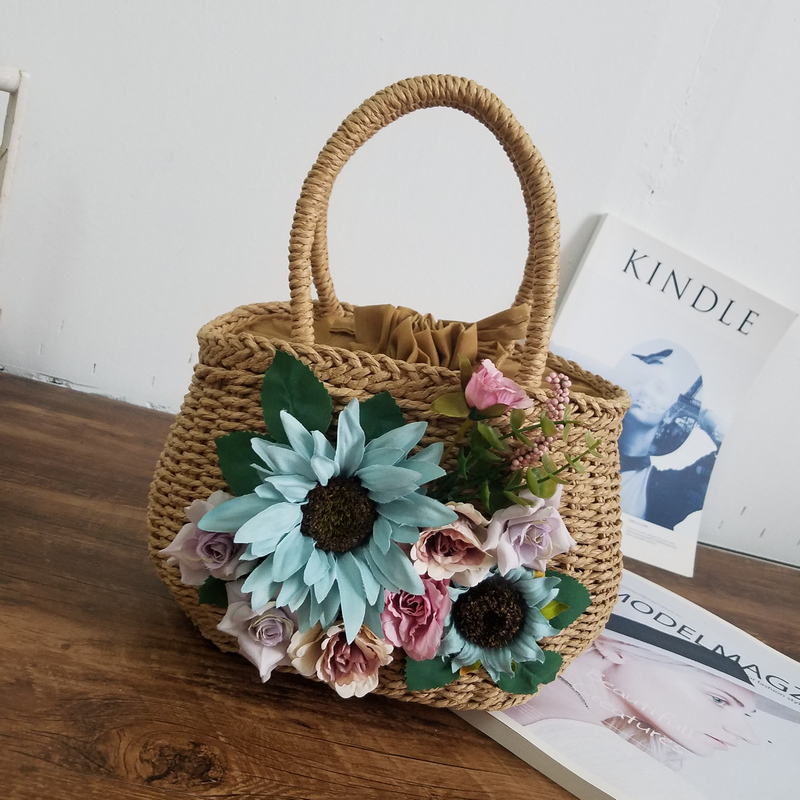 日系海边度假花朵编织抽带沙滩包