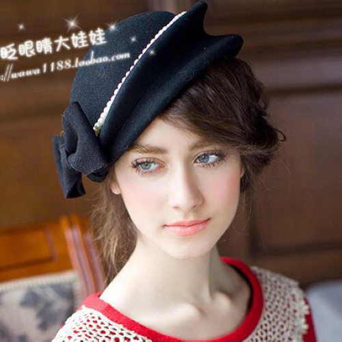 名媛珍珠蝴蝶结秋冬天贝雷帽子