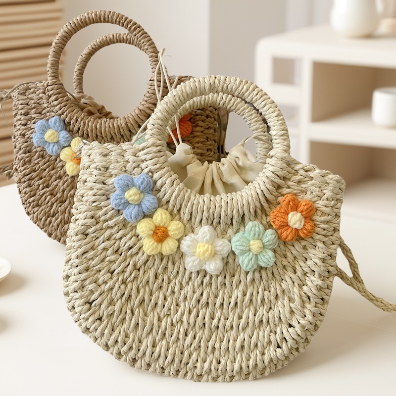 2025新夏季草编女包韩系时尚花朵菜篮子手提包沙滩度假单肩斜挎包