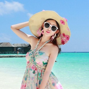 花朵大檐遮陽帽女防曬草帽女夏沙灘帽海邊可折疊拍照好看帽子 韓版