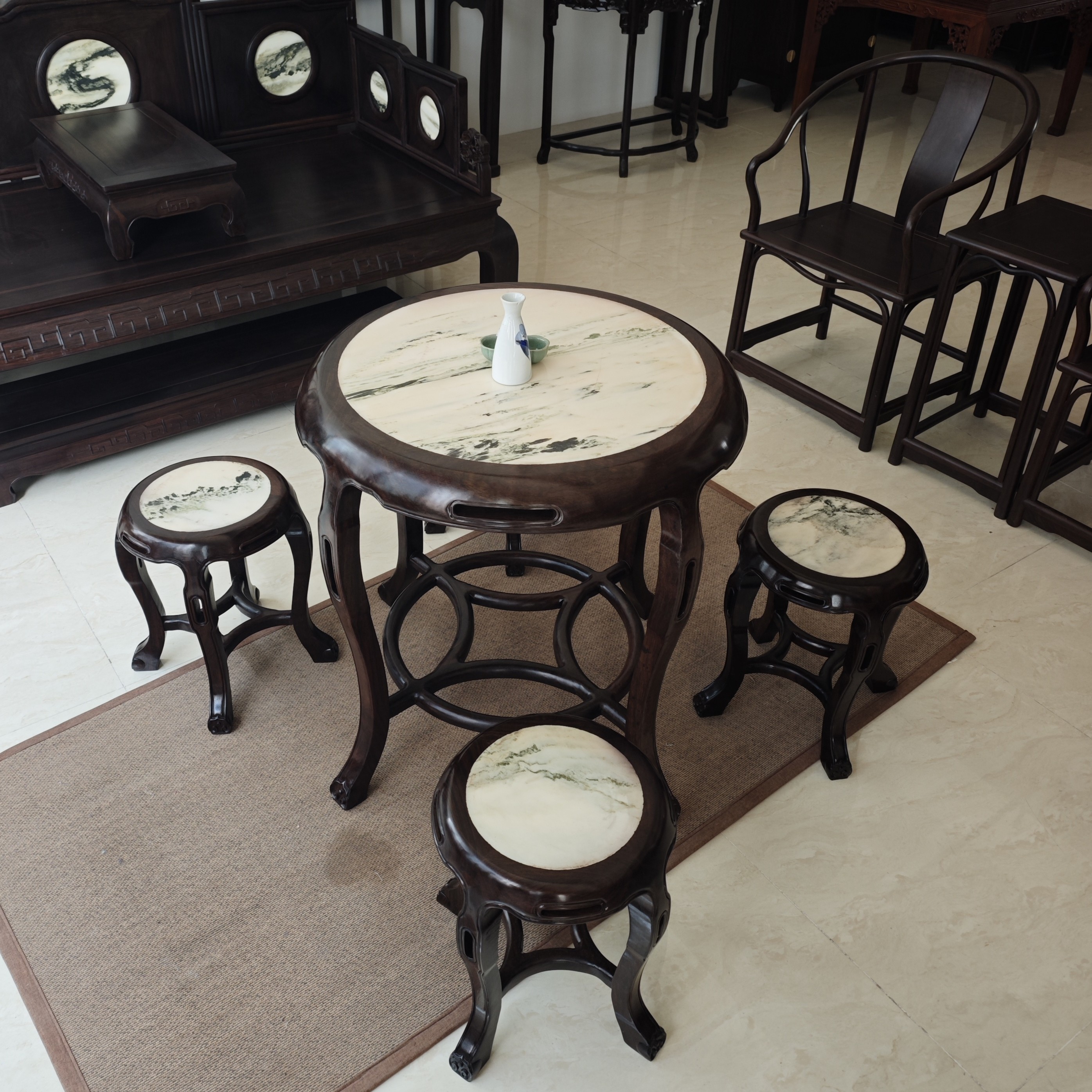 中式黑檀小户型五子登科圆桌红木明式家具圆形餐桌仿古圆台鼓桌