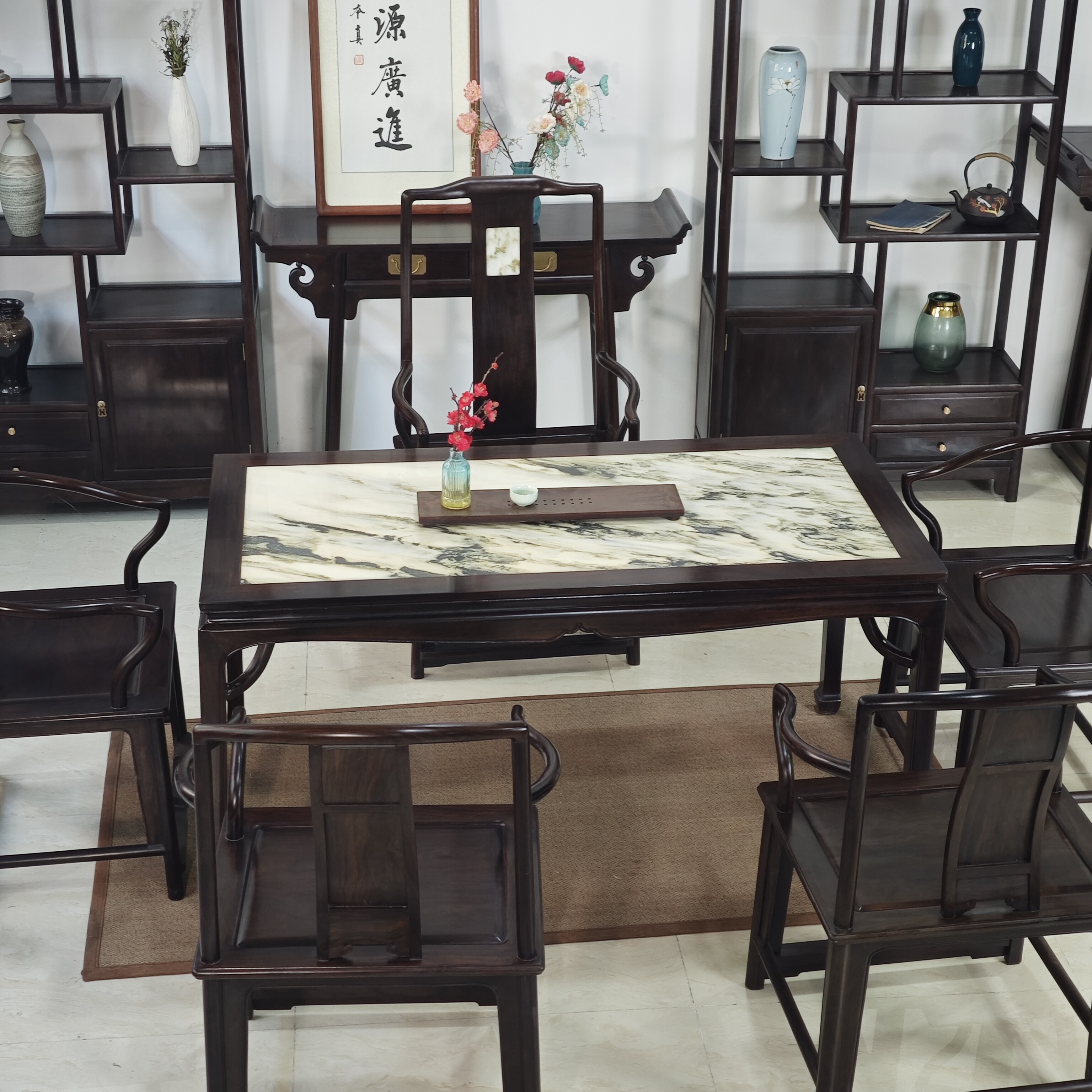 中式黑檀木茶台干泡茶桌石头面红木明式书桌经典马蹄桌椅组合实木