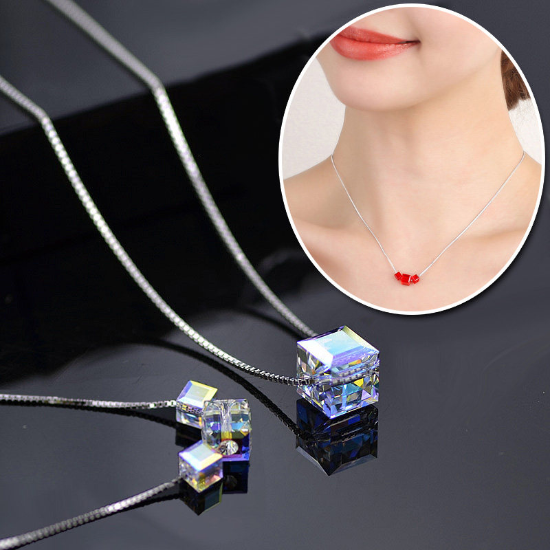 极光方糖S925纯银项链女银锁骨链日韩简约奥地利无暇水晶魔方吊坠