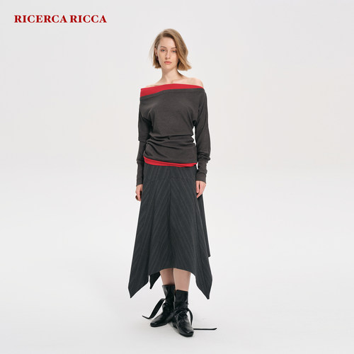 【RiRi】Ricerca Ricca 休闲不规则格纹垂感高腰修身显瘦半身裙女