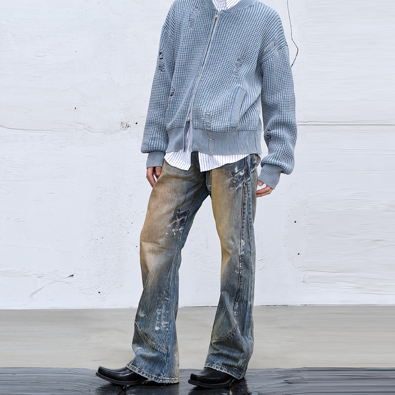 CATSSTAC 脏洗弯刀水洗牛仔裤男 宽松直筒做旧cleantit休闲长裤