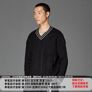 CATSSTAC 渊纹重磅撞色提花V领毛衣 宽松休闲 落肩设计 轻奢质感