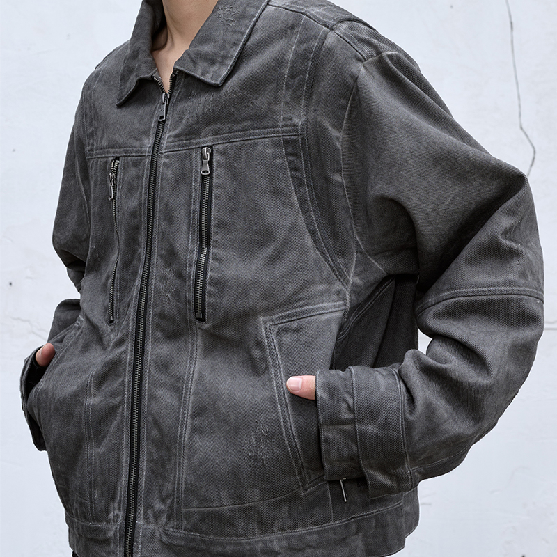 CATSSTAC 浸染三拉链重磅水洗做旧夹克宽松休闲cleanfit外套男