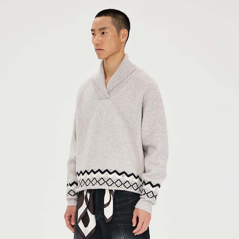 CATSSTAC 摩尔人青果领毛衣 大V领弧线 轻奢质感 菱形波浪设计