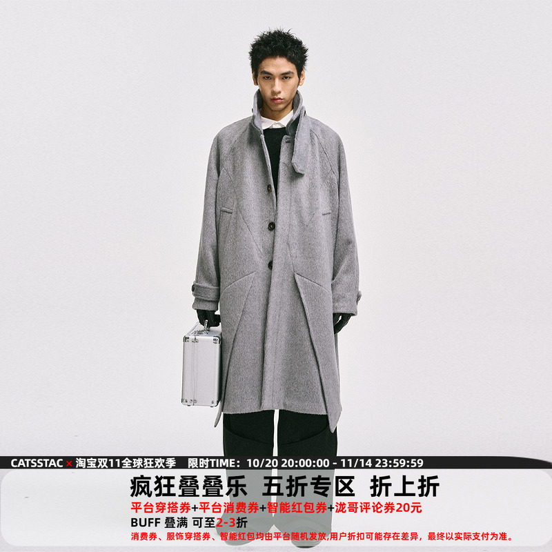 CATSSTAC 羊毛水墨大衣男cleanfit高级感中长款宽松休闲毛呢外套
