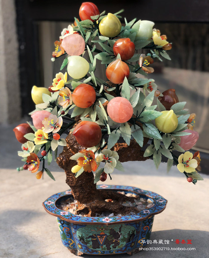 老北京工艺玉石纯手工打磨 景泰蓝玉石盆景寿桃 中式摆件