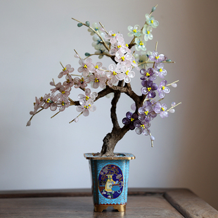 景泰蓝玉石盆景三彩梅花中式 修案头摆件天然玉石永生花礼品礼物 装
