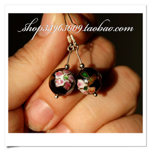 正宗北京特色手工艺品 景泰蓝 老银蓝耳坠/耳环/耳钉 925银耳钩