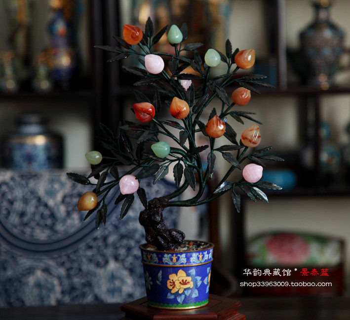 老北京传统手工艺景泰蓝玉石盆景花 玉石玛瑙 寿桃 家居摆件