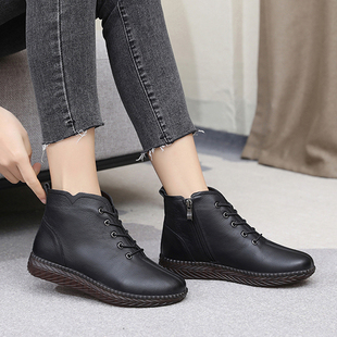 上海花牌真皮平底女鞋圆头冬季短筒马丁靴侧拉链黑色休闲短绒棉鞋