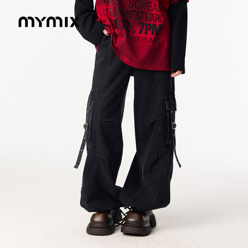 MYMIX潮流高腰牛仔工装直筒长裤
