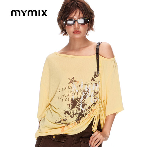 MYMIX夏季抽绳廓形落肩短袖T恤