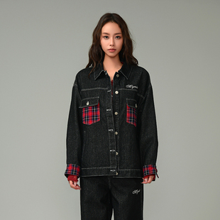 MYMIX美式复古格子拼接牛仔外套女工装夹克翻领宽松撞色字母印花