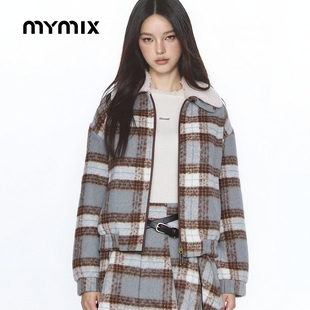 【25冬新品】MYMIX浅蓝格纹毛呢外套女撞色翻领宽松慵懒风中长款