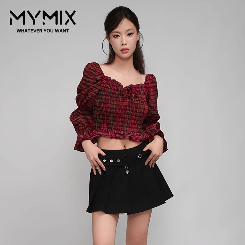 上衣mymix格子方领我的组合复古图片