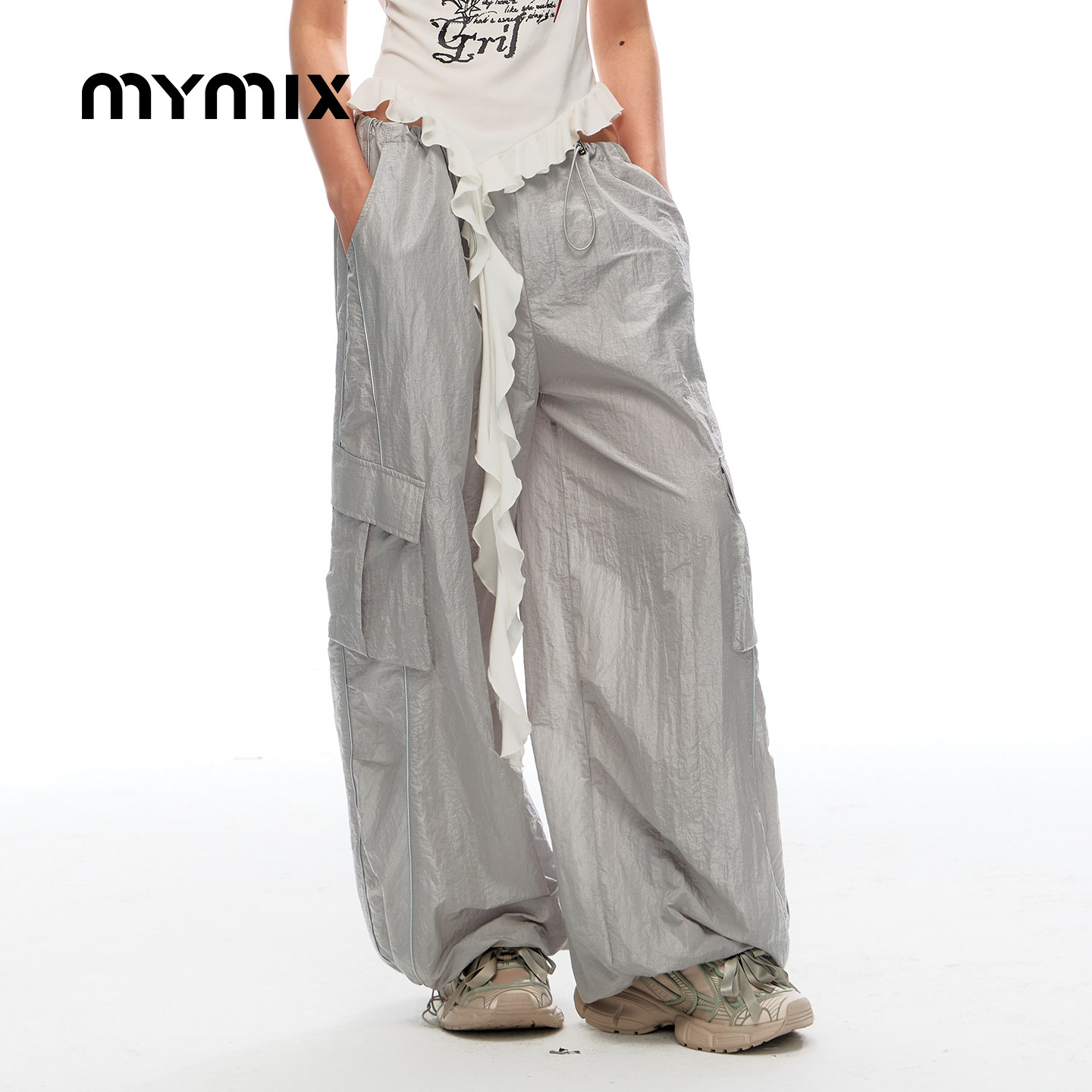 【26夏新品】MYMIX时尚潮流轻薄高腰抽绳多口袋工装休闲裤女装