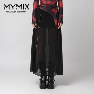 MYMIX我的组合2024秋季新款简约通勤透气蕾丝开叉黑色长裙A字裙