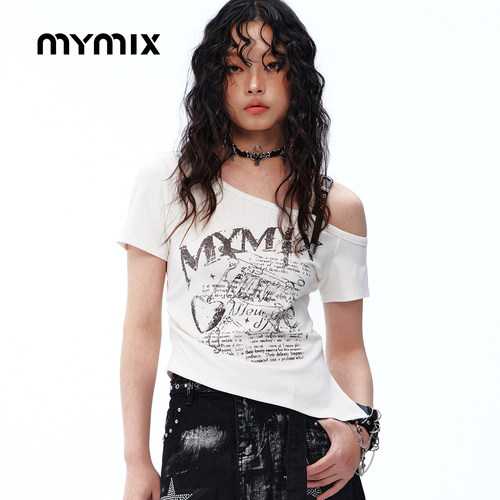 MYMIX字母印花露肩短袖T恤女