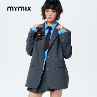 【26春新品】MYMIX休闲气质高级感撞色拼接翻领廓形长款西服女装