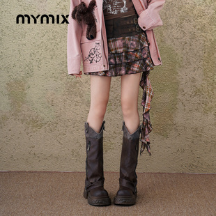潮流格纹撞色拼接高腰短款 复古时尚 MYMIX美式 半身裙 25秋新品