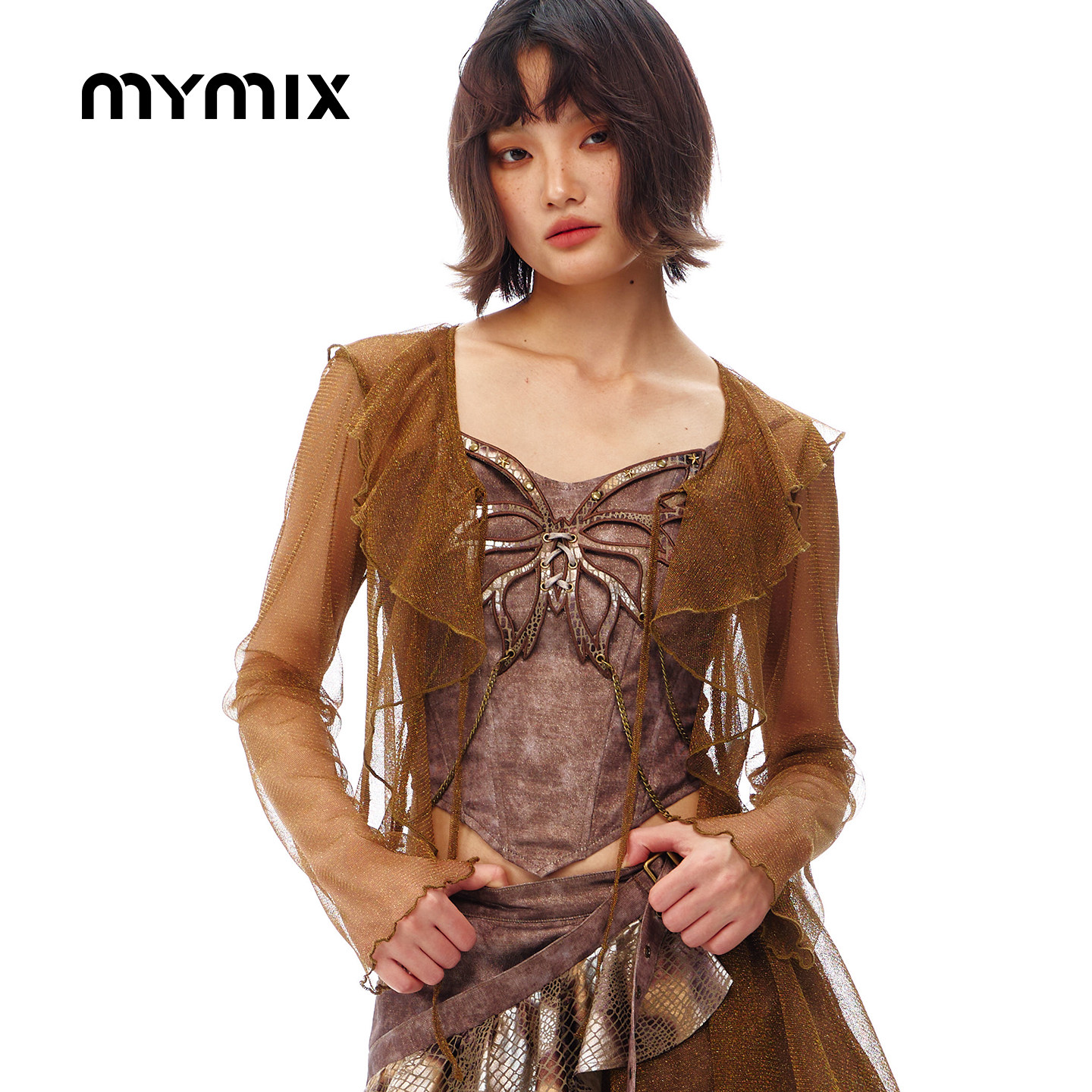 【26夏新品】MYMIX时尚复古风网纱透视短款绑绳长袖T恤女装