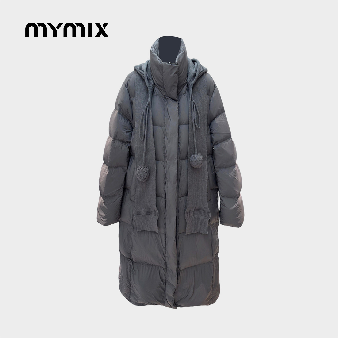 【25年冬季】MYMIX日系针织拼接连帽中长款羽绒服女宽松保暖外套