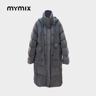 【25冬新品】MYMIX日系针织拼接连帽中长款羽绒服女宽松保暖外套