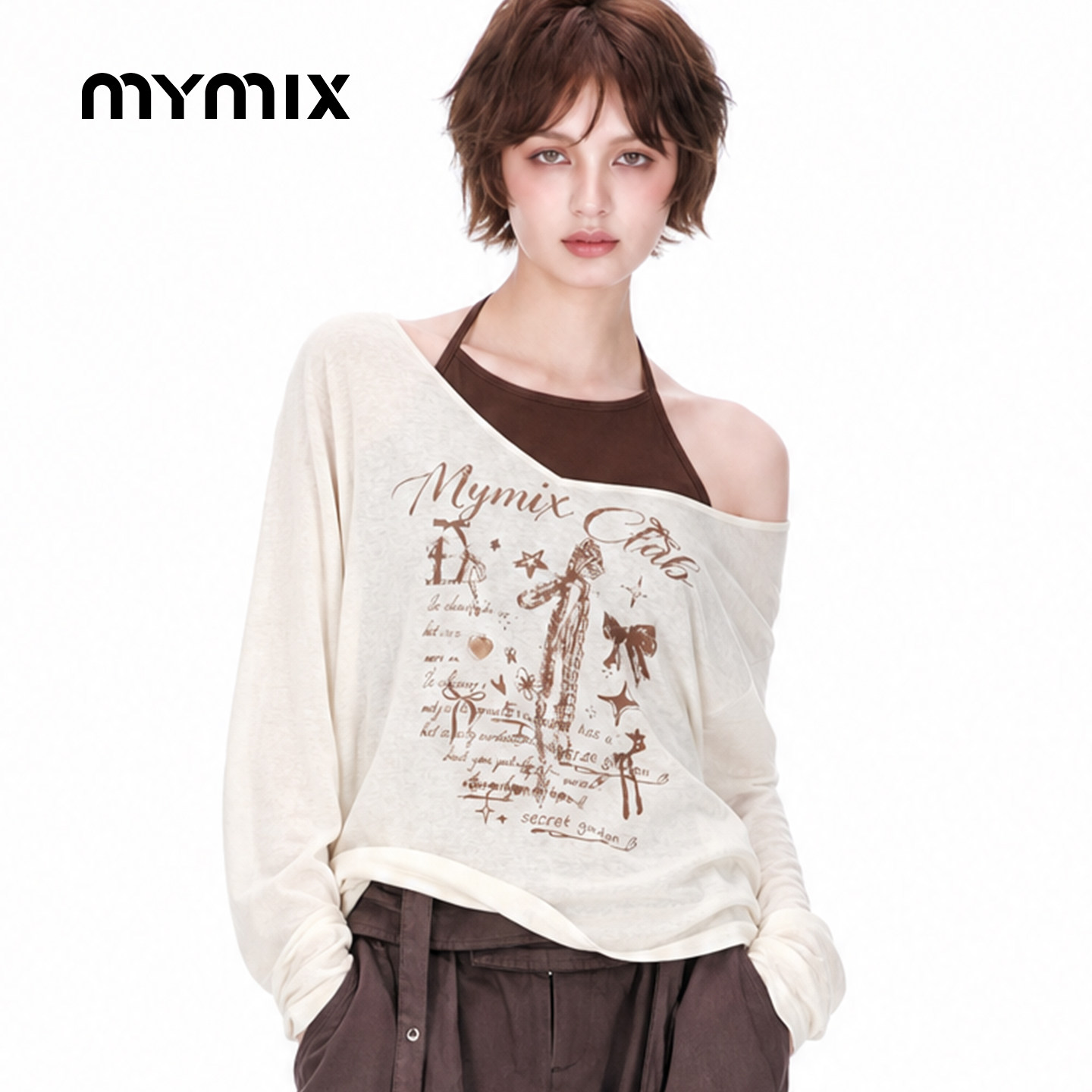 mymix26秋季斜肩印花显瘦T恤图片