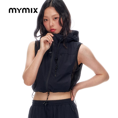 MYMIX夏季连帽无袖拉链马甲女