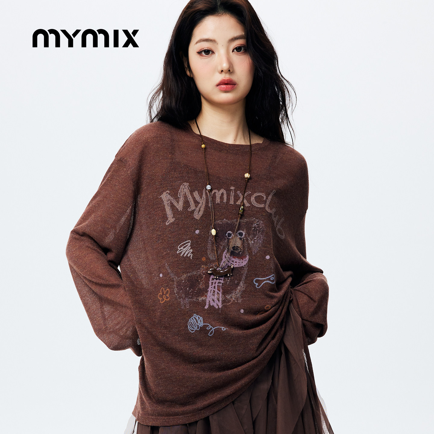 【26春新品】MYMIX休闲字母卡通印花抽绳廓形落肩袖短款长袖T恤女,女装/女士精品,T恤,淘宝优惠券,粉丝福利购,淘宝优惠卷