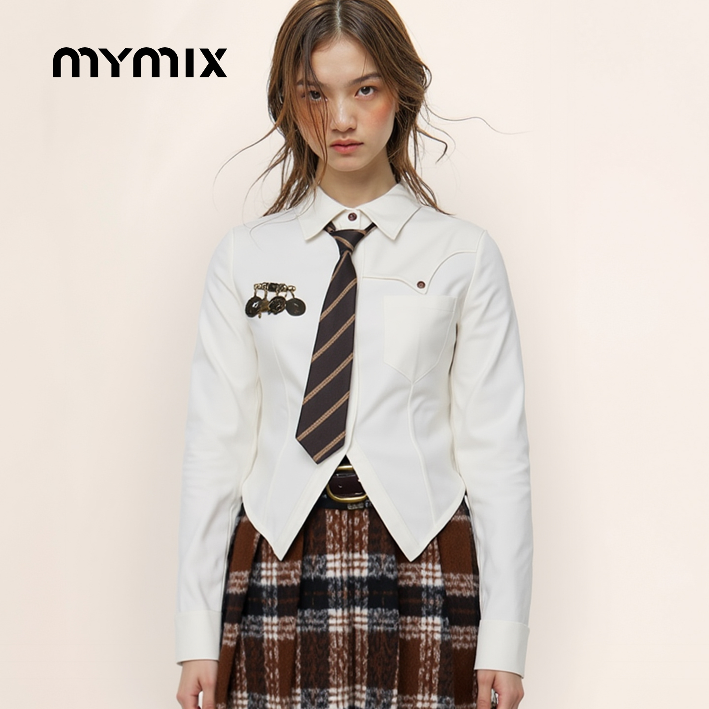 【25冬新品】MYMIX女士时尚修身短款长袖衬衫休闲翻领配领带上衣