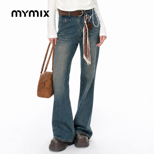 mymix高腰微喇做旧色牛仔裤