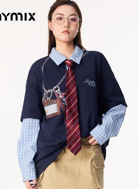 【26春新品】MYMIX格纹撞色拼接宽松长袖卫衣假两件套头上衣女