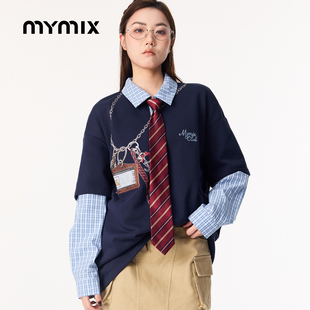【26春新品】MYMIX格纹撞色拼接宽松长袖卫衣假两件套头上衣女