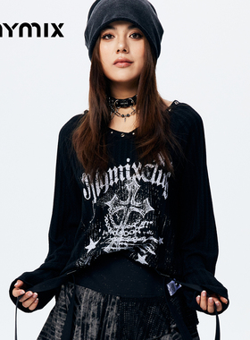 【26春新品】MYMIX时尚个性休闲字母印花廓形长款V领针织衫女装