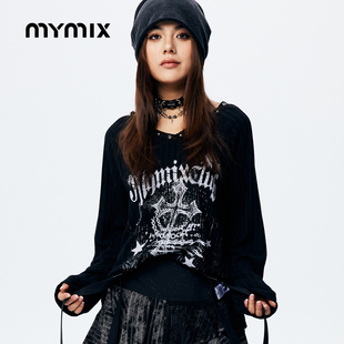 【26春新品】MYMIX时尚个性休闲字母印花廓形长款V领针织衫女装