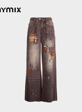 【25冬新品】MYMIX设计感水洗喷绘涂鸦高腰直筒牛仔裤百搭长裤女