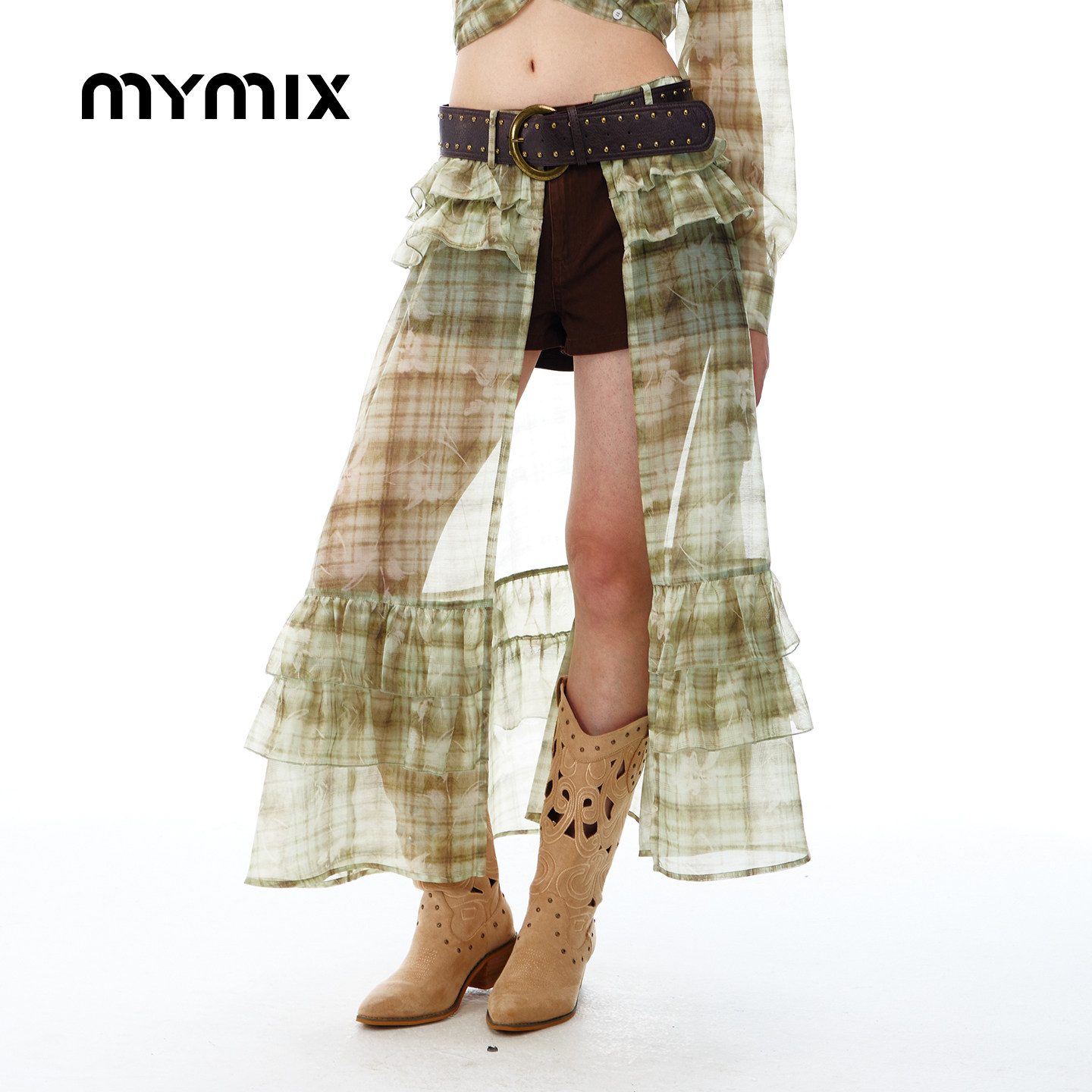 26年夏季新品MYMIX时尚潮流蝴蝶碎花烫钻不规则高腰长款半身裙
