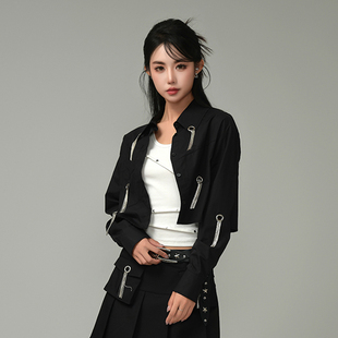 MYMIX金属拉链装饰短款衬衫外套女春夏设计感通勤黑色百搭