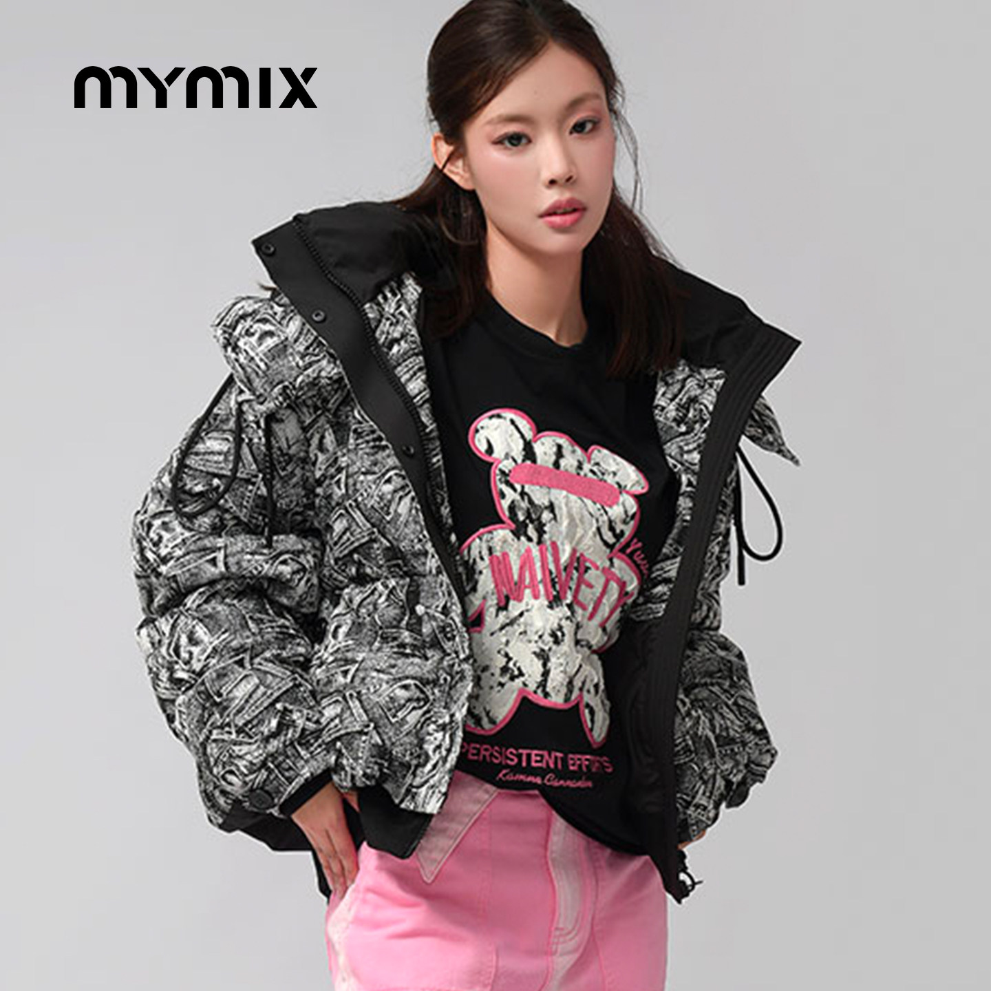 MYMIX冬季新款时尚潮流撞色拼接廓形连帽短款90白鸭绒羽绒服外套,女装/女士精品,羽绒服,淘宝优惠券,粉丝福利购,淘宝优惠卷